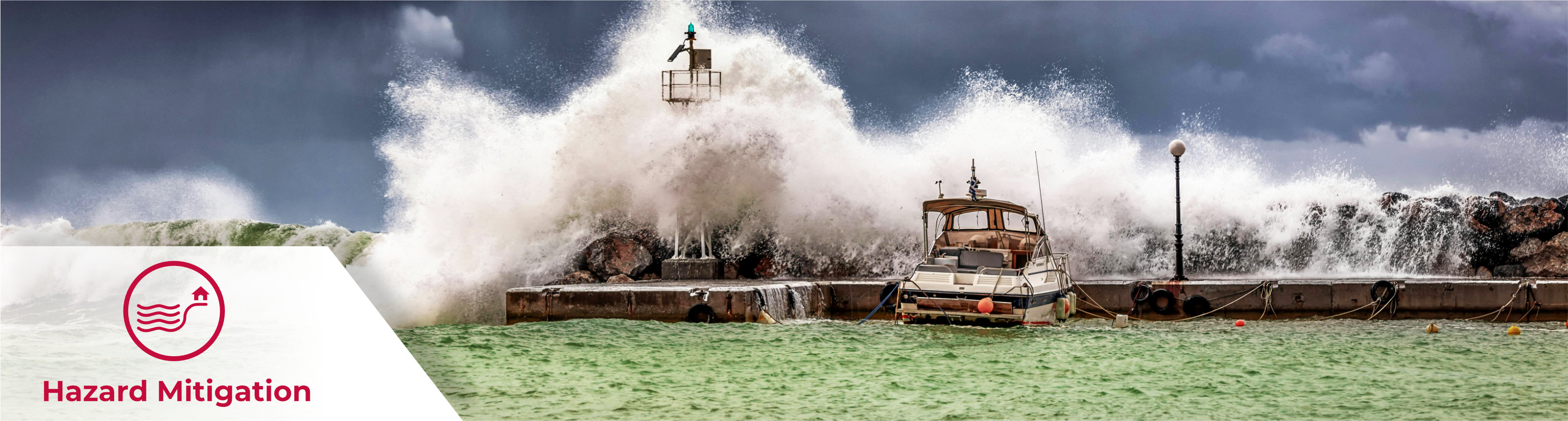 A header image featuring the words Hazard Mitigation overlaid on a photo of waves breaking against a seawall